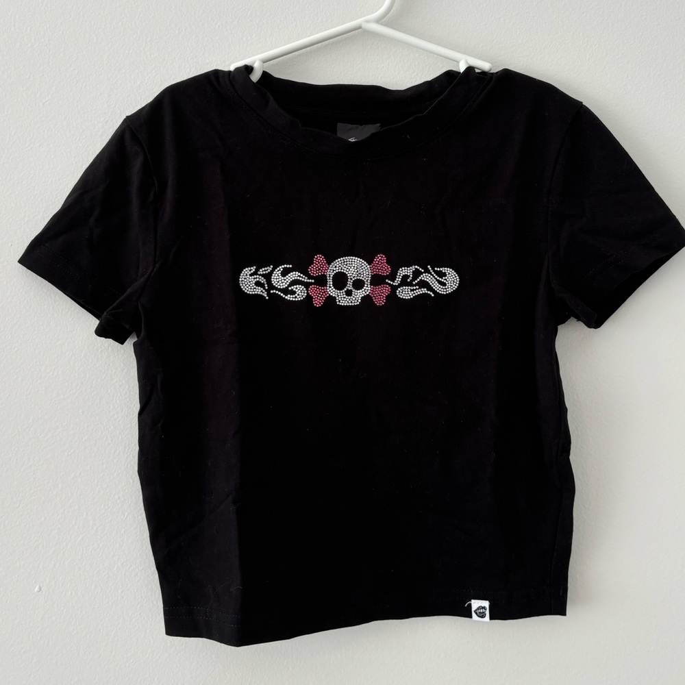 ZUMIEZ- Black rhinestone crop top with skull and pink bones